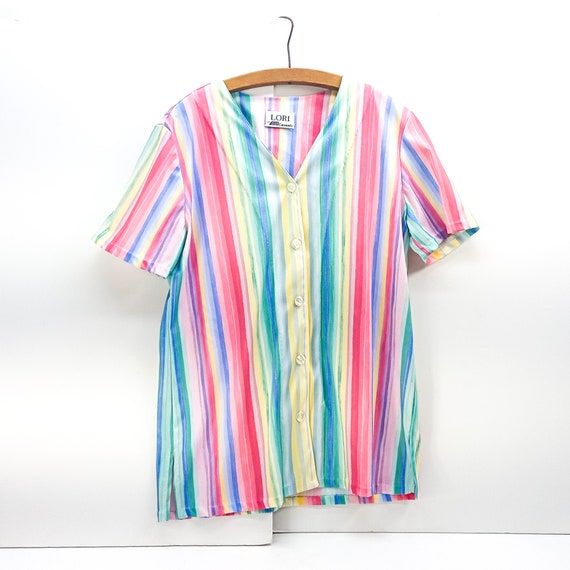 womens vintage shirt rainbow striped polyester to… - image 5