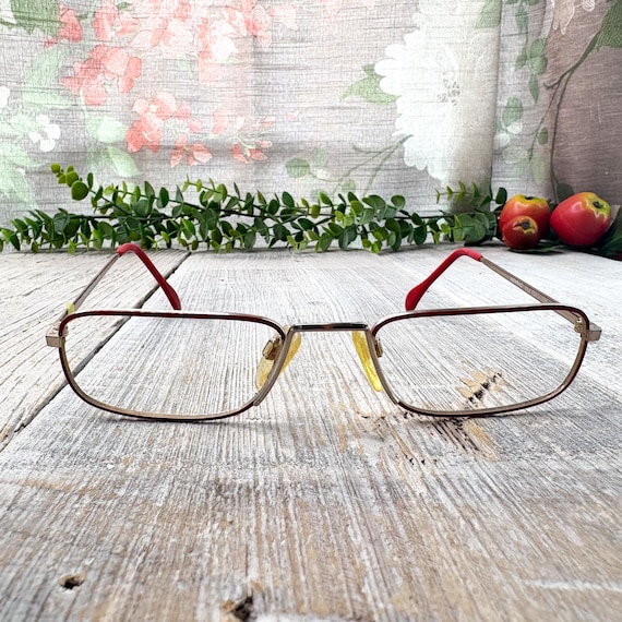 Vintage Rectangle Eyeglass Frames: Red & Gold Met… - image 1