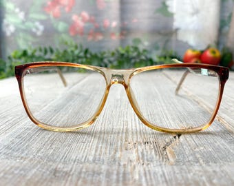 Oversized Square Eyeglass Frames: Clear Brown Vintage 80s Eyewear