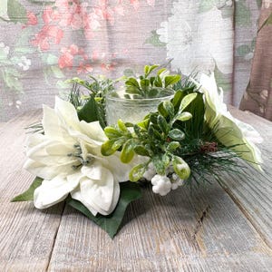 christmas candle wreath white poinsettia flowers holiday decoration table centerpiece