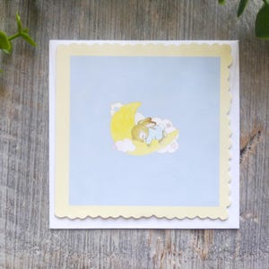 Babypartykarte amerikanische Grußkarte blanko vintage Geschenk Baby Junge Kaninchen crescent moon Wellenrand blau/gelb