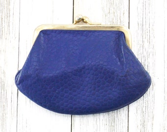 vintage coin purse blue leather embossed | italian accessories women men | change purse pouch | kiss lock purse | made in italy