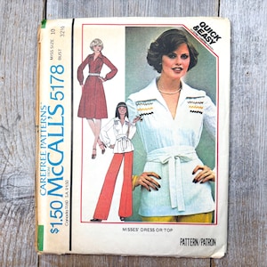 mccalls sewing pattern 5178 size 10 bust 32.5 women/miss dress or top gathered sleeves snapped front cuffs upper front side pleats tie belt