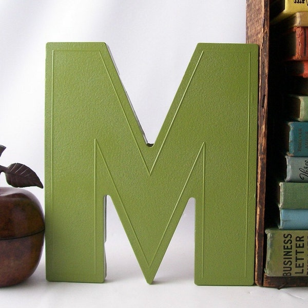 salvaged upcycled vintage marquee sign letter M business signage industrial modern wall hanging home decor green initial personalized