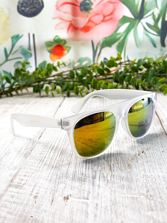 Frosted Clear Wayfarer Sunglasses With Yellow Revo Mirror  display picture 1