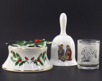 1980s vintage porcelain christmas decorations | bell with baby jesus mary and joseph, holiday holly candle stand, glass angel votive holder