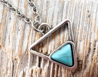 Handmade Turquoise Charm Layered Necklace: Minimalist Jewelry, Silver-Tone Pendant