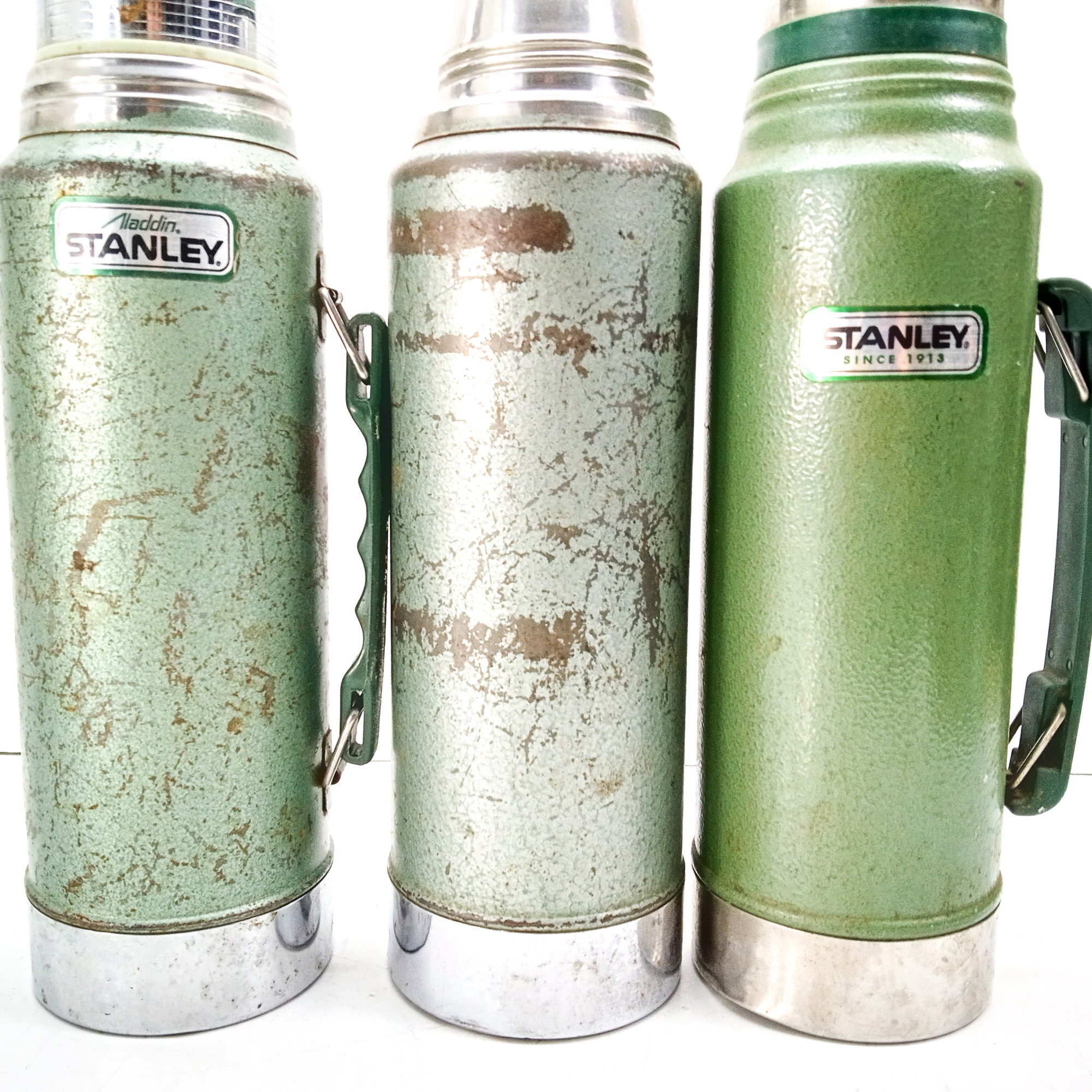 Green Metal Aladdin Stanley Thermos, Vintage Camping Gear - Mendez