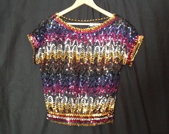 vintage womens sequin top, stretchy black blouse medium/large