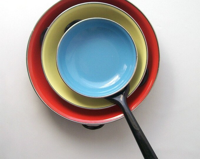 Vintage Yugoslavia Enamel Ware Pans Set Cookware Red Yellow Blue Mid