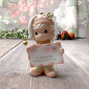 Adorno de momentos preciosos de 1998, enviándote una feliz Navidad, niña con una carta, porcelana bisqué, caja original, coleccionable, vacaciones, años 90