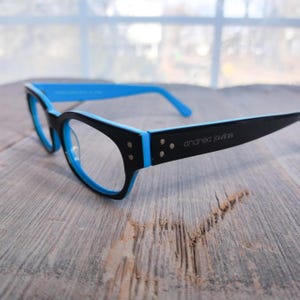 black on blue round eyeglass frames square acetate eyeglasses unisex/men/women deadstock glasses vintage 90s fashion accessories 1990s