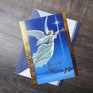 Alegría para el mundo, tarjeta de Navidad, ángel, trompeta, tarjeta de felicitación, esperanza y paz, estrella de Belén, vintage, nuevo, stock antiguo, temporada navideña, sin usar