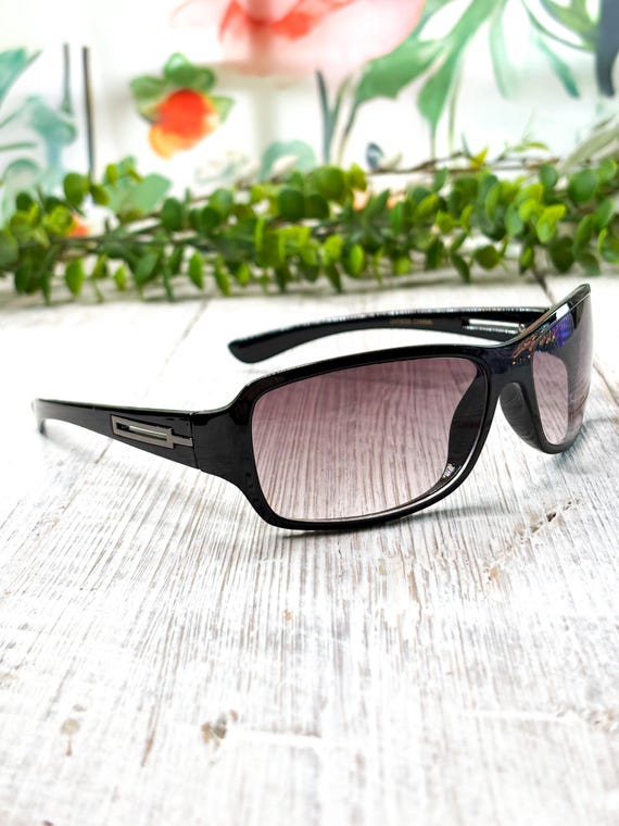 Black Wrap-Around Sunglasses with Grey Lenses and Silver Accents