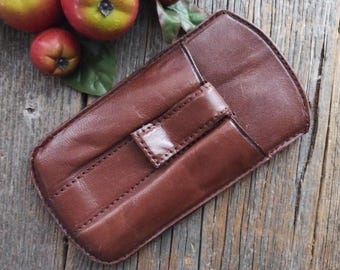 Embossed Leather Glasses Case: Equestrian Brown Eyeglass Sleeve