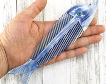60s 70s NOS vintage hair comb french | dolphin shaped comb | depose plastic blue white | made in france | hair styling accessories women men