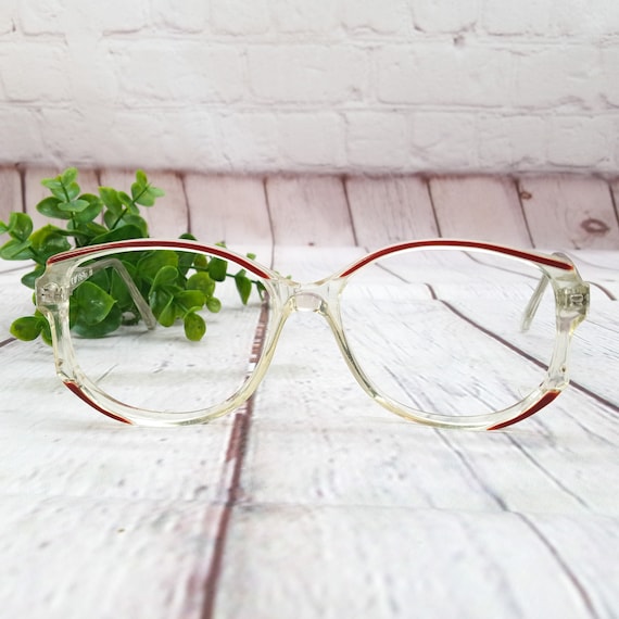 1980s large round eyeglasses clear and brown/red … - image 1