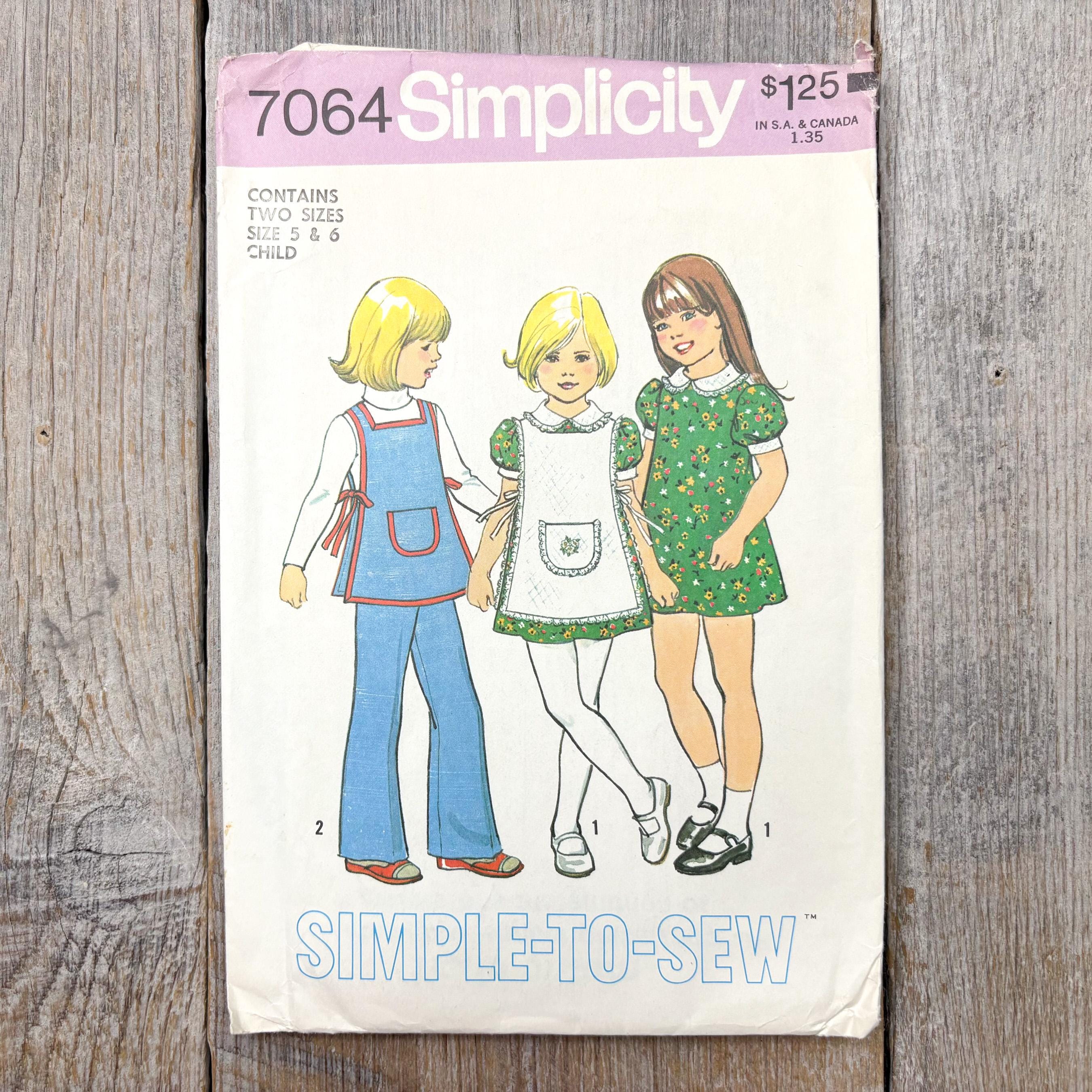1975 simplicity sewing pattern 7064 girls 5-6 mini-dress Peter Pan back zipper collar apron side ties elastic waist pants puffy short sleeve