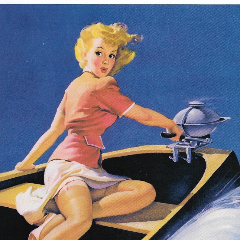 1940/'s playful woman lithograph 1950/'s pinup girl litho vintage wall art boat