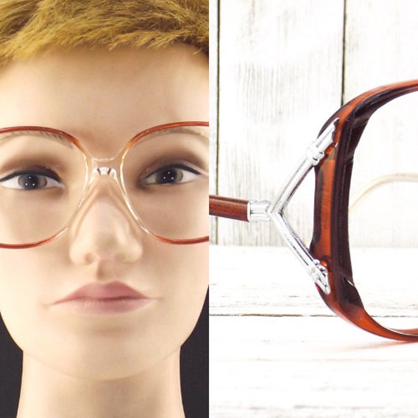 vintage NOS 70s square eyeglasses | oversized prescription eye glasses | red plastic frames clear fade silver metal | hipster eyewear women