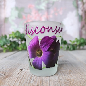 Wisconsin Schnapsglas Souvenir Zustand Sammlerstück matt klar Glas Litho Design Blumen Vogel