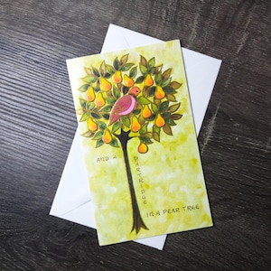 biglietto di auguri natalizio vintage pernice su un albero di pere litografia retrò biglietto di auguri carta regalo giallo arancione rosa artisti famosi usa carino