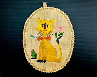 vintage woven wall art cat picture retro beach decor