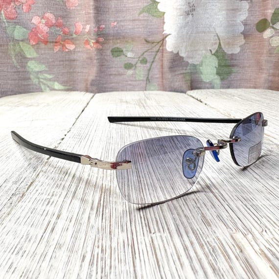 Rimless Rectangular Sunglasses: Blue Lens, Silver… - image 2