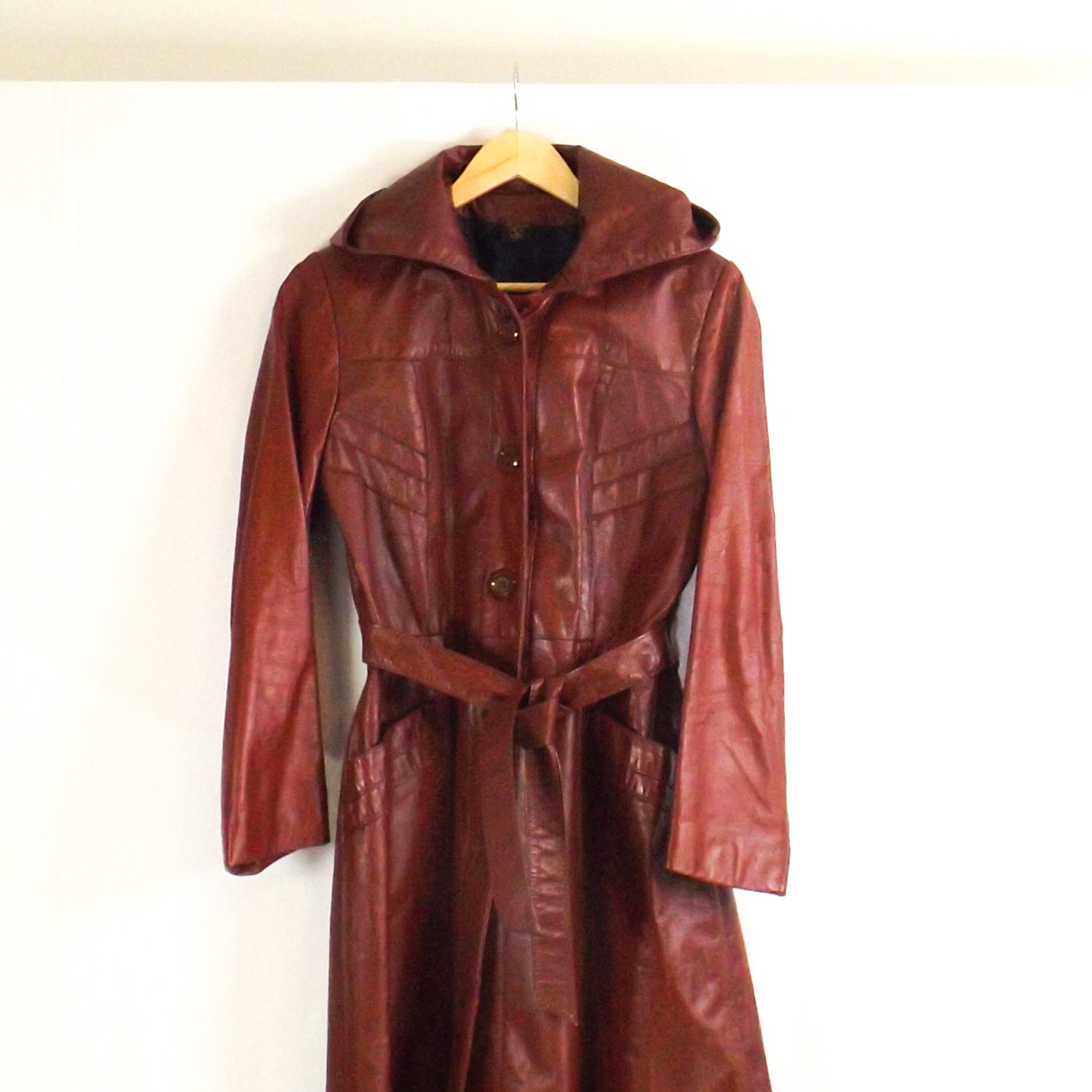 Vintage Wine Red Leather Trench Coat