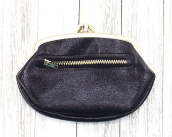 vintage coin purse black faux leather | vegan accessories women men | change purse pouch | kiss lock coin purse