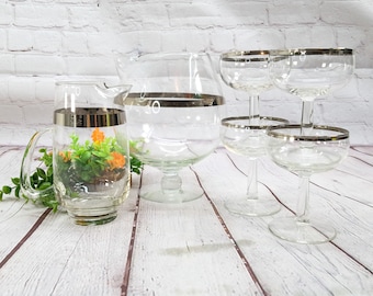 vintage glassware dorothy thorpe style glasses silver rim brandy snifter pitcher