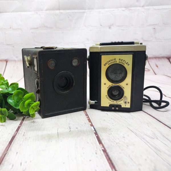 vintage box camera and brownie reflex camera photography decor decorative photo display prop