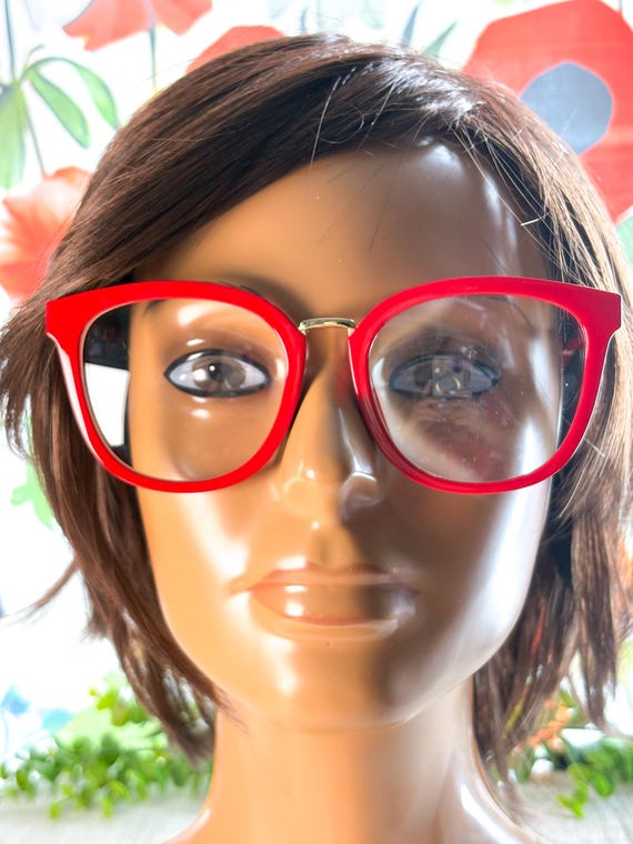 Oversized Round Clear Lens Glasses: Red Plastic, Gold Metal View 2