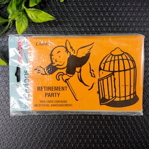 Invitations vintage de fête de retraite de monopole des années 90 NOS 8 pièces de papier cartonné orange de cartes de chance avec des enveloppes
