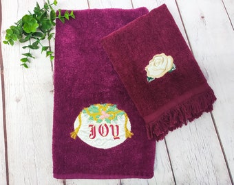 vintage decorative bathroom towels embroidered wine red, christmas JOY, gold rose