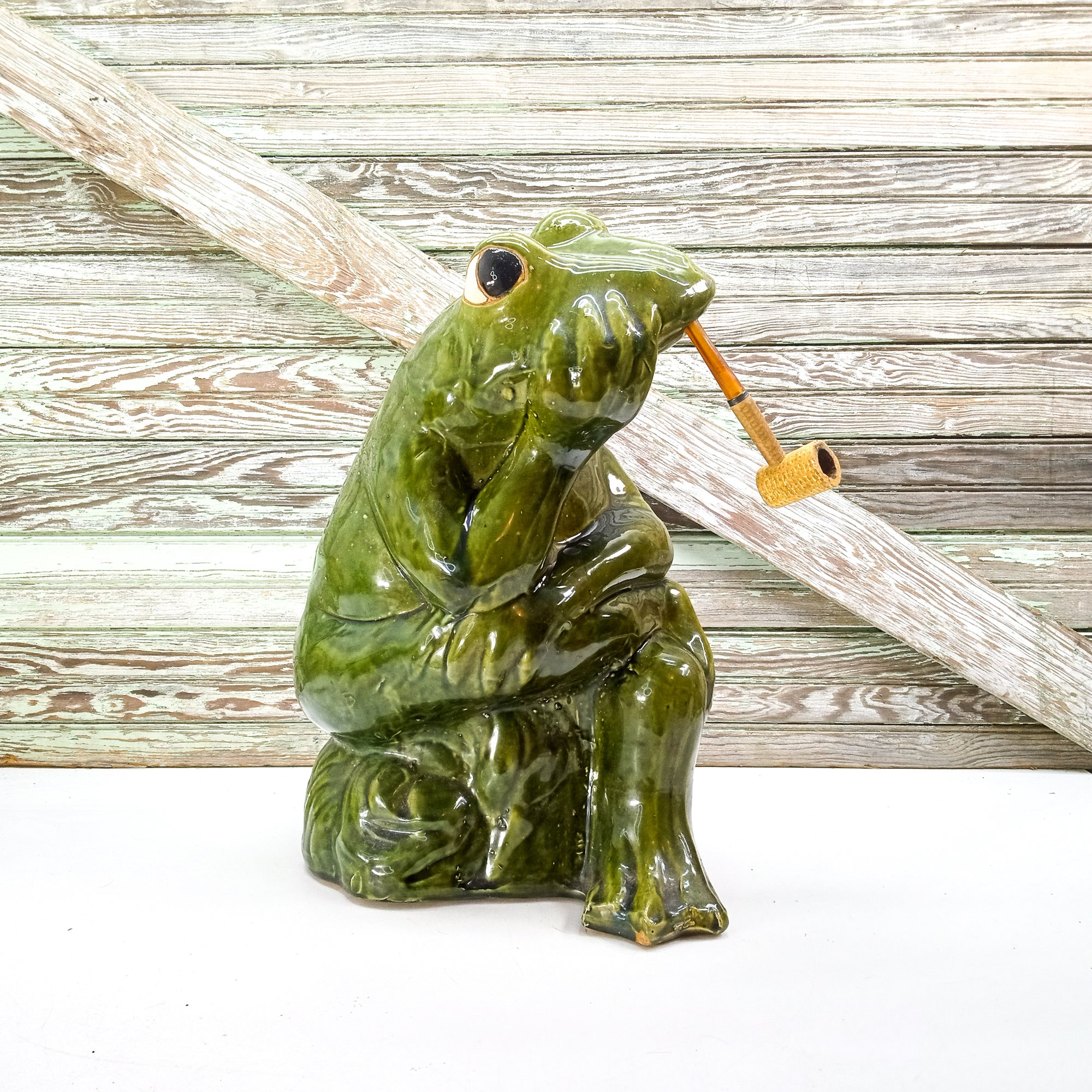 Large Vintage Ceramic Frog Statue Smoking a Corn Cob Pipe Retro