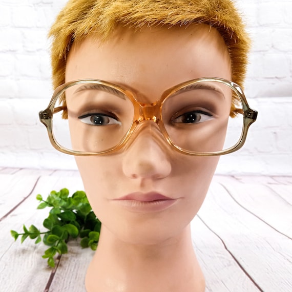 1980s large round drop arm eyeglasses peach green… - image 6