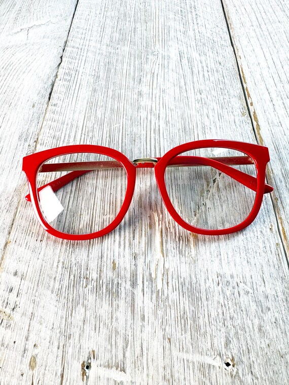 Oversized Round Clear Lens Glasses: Red Plastic, Gold Metal View 6
