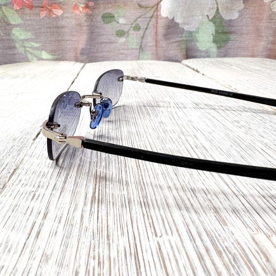Rimless Rectangular Sunglasses: Blue Lens, Silver… - image 3