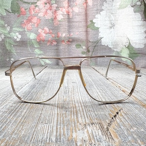 square aviator eyeglass frames only 58[]16/150 oversized glasses women/unisex/men eyewear light gold satin  eyeglasses deadstock vintage