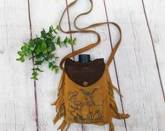 vintage flask suede wrapped with shoulder strap and fringe