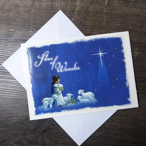 carte de voeux de noël étoile des merveilles garçon berger agneaux bleus ciel blancs garniture paillettes miracle de noël carte amour ancien papeterie mignons