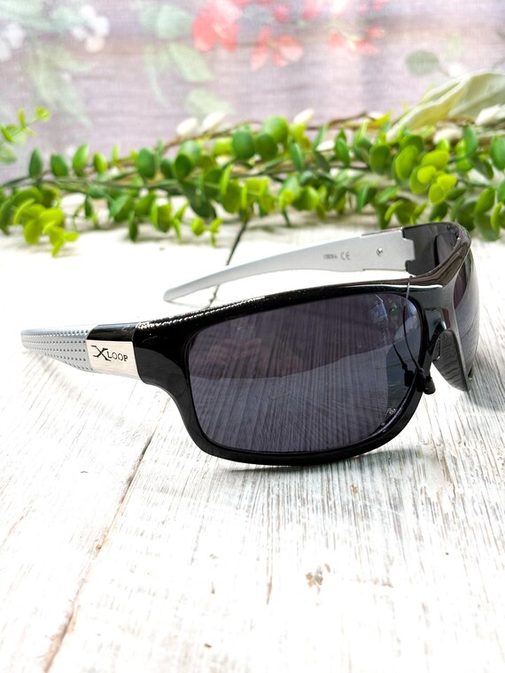Oversized Black/Silver Wrap-Around Sunglasses: Dark Lenses