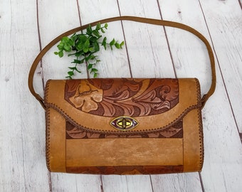 70s vintage tooled leather purse shoulder bag