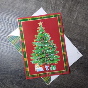 Tarjeta de árbol de Navidad que se abre, tarjeta de felicitación, tarjeta de felicitación de la temporada navideña, regalos, tradiciones, alegría especial, nuevo, stock antiguo, vintage, rojo, verde