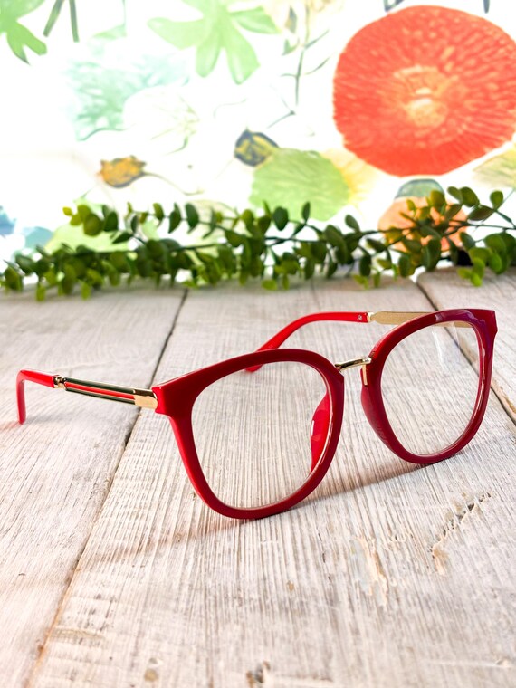 Oversized Round Clear Lens Glasses: Red Plastic, Gold Metal