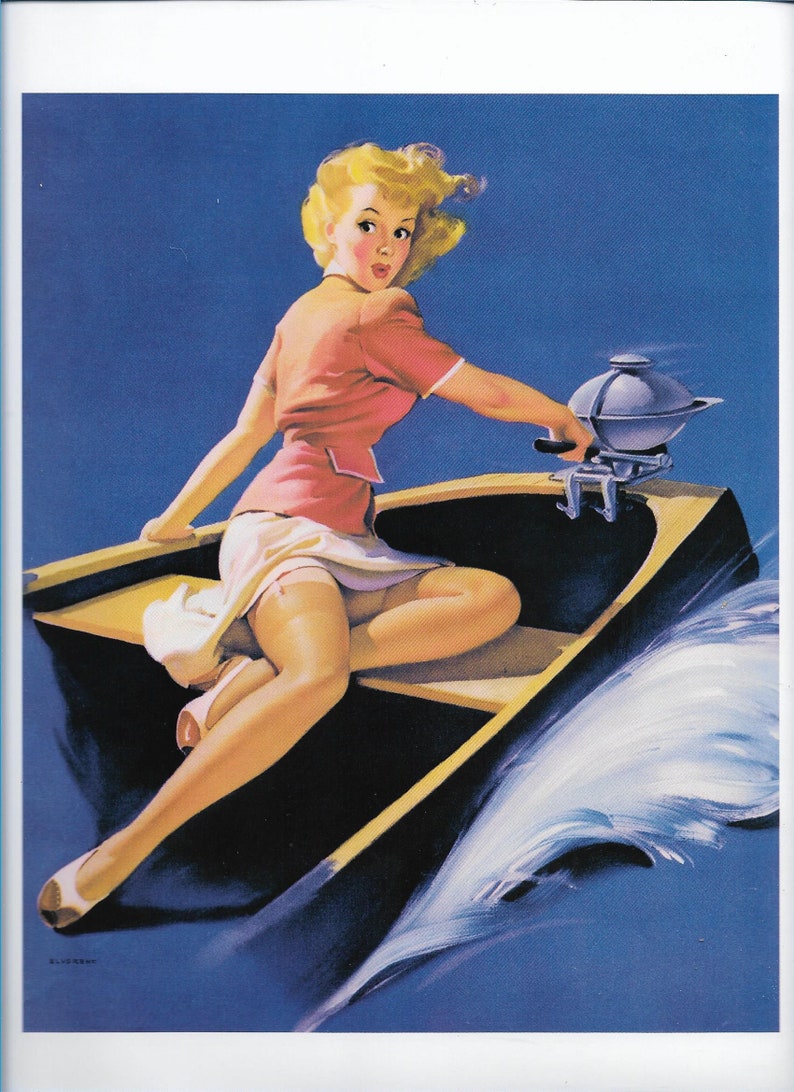 1940/'s playful woman lithograph 1950/'s pinup girl litho vintage wall art boat