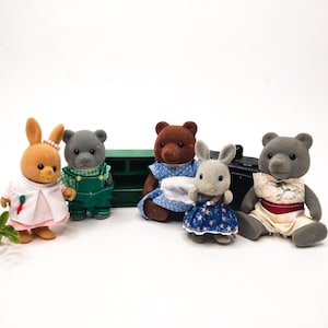 vintage flocked animal doll, calico critters epoch, Sylvanian family bears bunny rabbit figurines collectible 1980&#39;s, dollhouse furniture