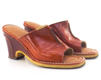 vintage open toe pumps women 6 | brown leather heels | gum shoe sole | wedges shoes for women | trendy fashion accessories