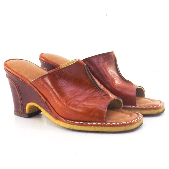 vintage open toe pumps women 6 | brown leather he… - image 1